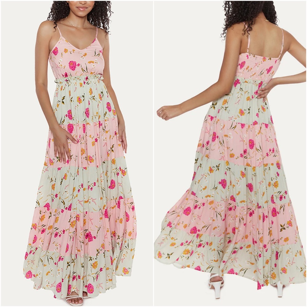 Raga Flores Sleeveless Tiered Maxi Dress Driftwood Size Small NWT Pink G…